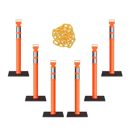 Montour Line Orange Delineator Post with Base (6 pack) and 50 Ft. Yellow Chain DL1-OR-10-KT-6-CH-CH-20-YW-50-BX